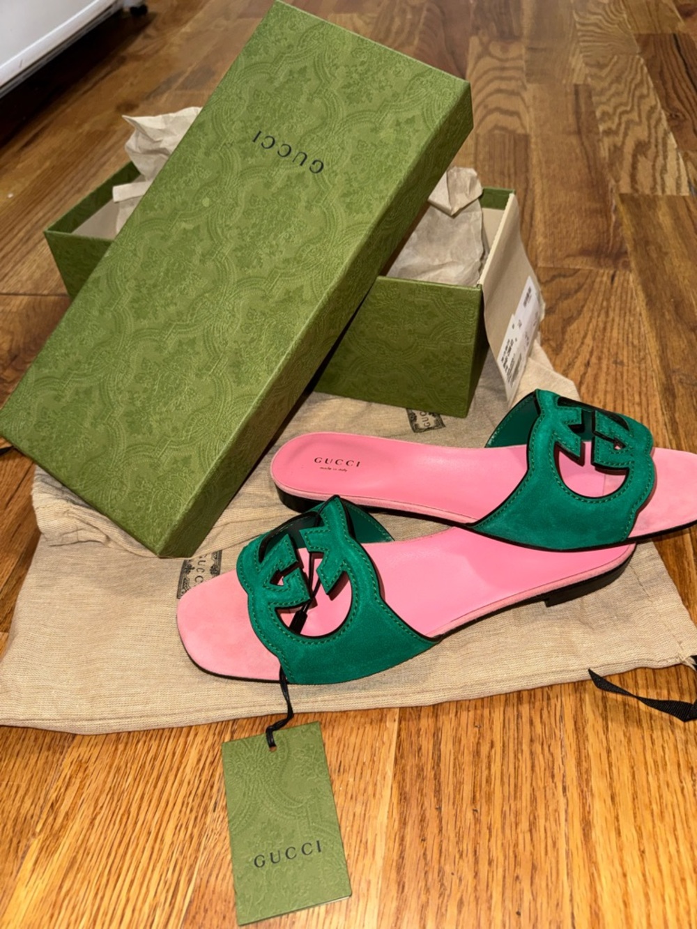 Gucci Pink Leather Footbed with Green Suede GG Slide Sandals - Picture 2 of 5